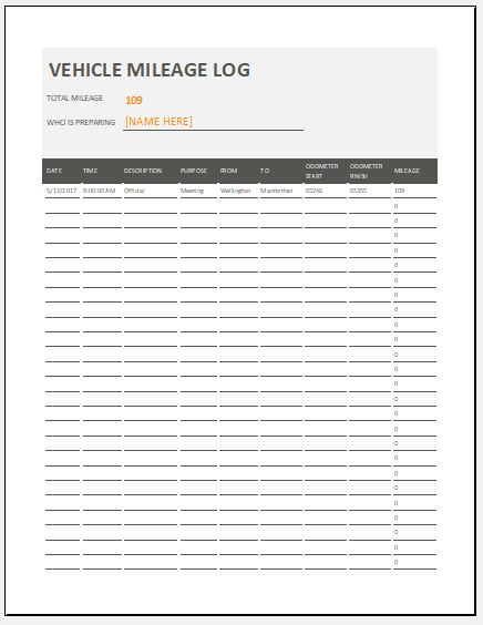 Vehicle Mileage Log