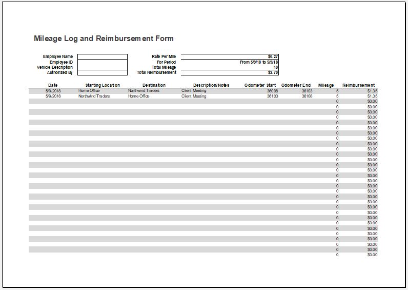 Mileage Log with Reimbursement Form & Expense Report