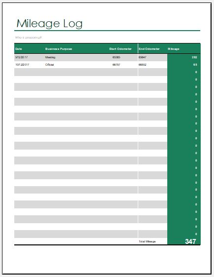 Vehicle Mileage Log