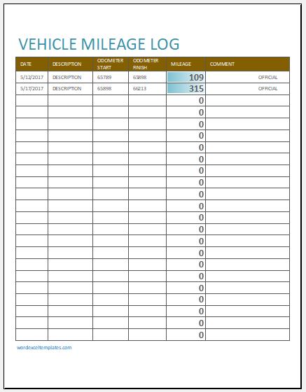 Vehicle Mileage Log for Excel