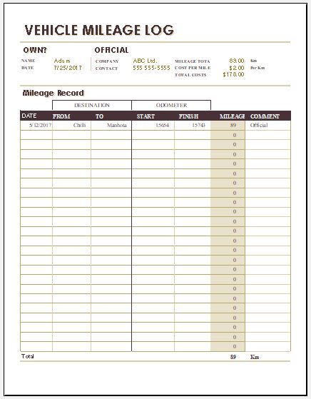 Vehicle Mileage Log Template