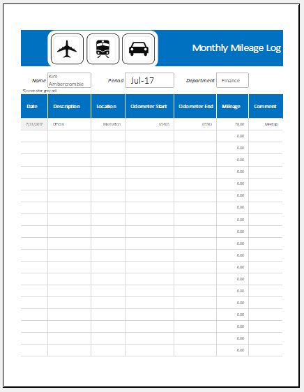 Monthly Mileage Log Template