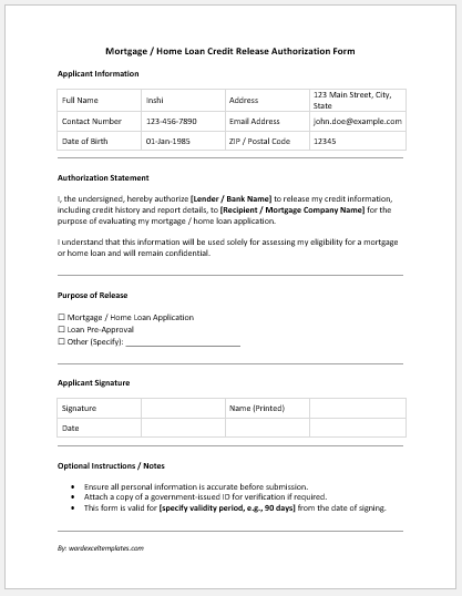 Mortgage / Home Loan Credit Release Authorization Form