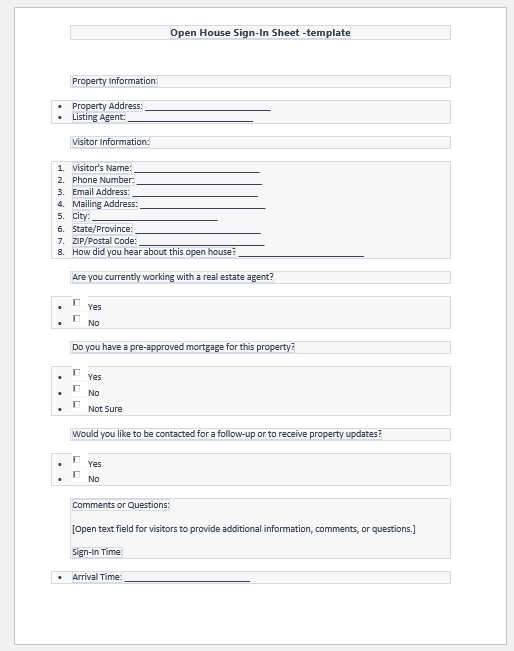 Open house sign-in sheet template