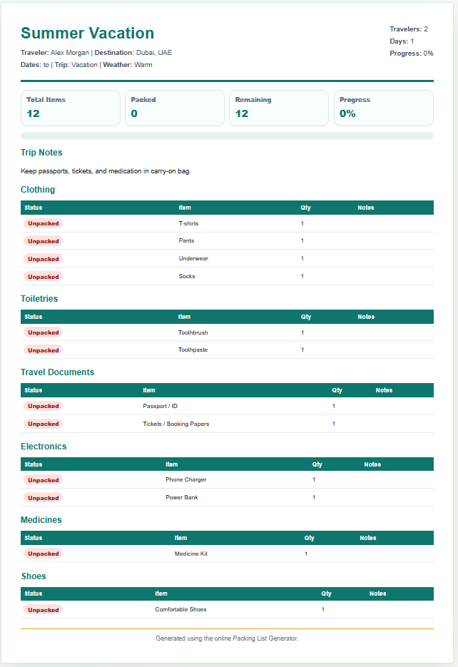 Packing List Template