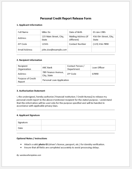 Personal Credit Report Release Form