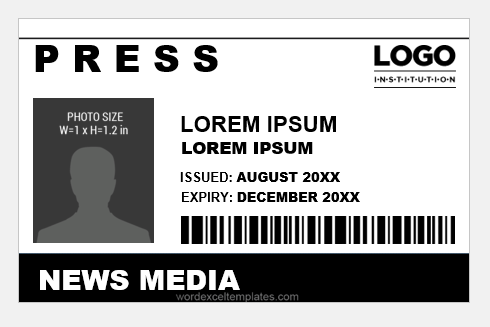 Press photo ID badge template in black and white