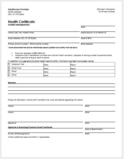 Satisfactory Health Condition Certificate