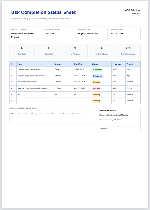 Task Completion Status Sheet