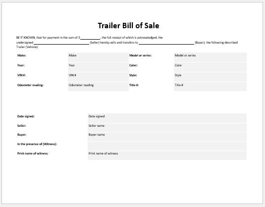 Trailer Bill of Sale Template