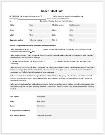 Trailer Bill Of Sale Templates For Ms Word Word And Excel Templates