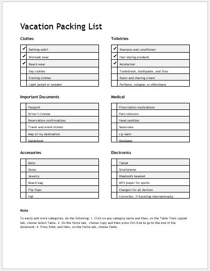 Vacation Packing List Template