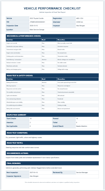 Vehicle Performance Checklist Template