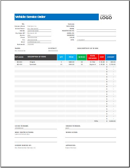 Vehicle Service Order Form