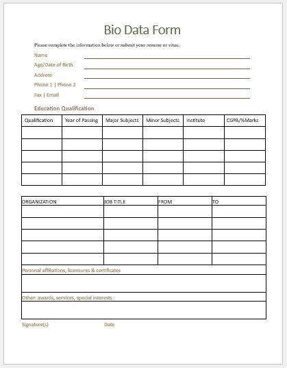 Bio Data Form Template