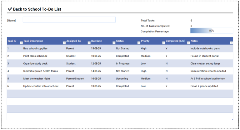 Back to School To-Do List for Excel