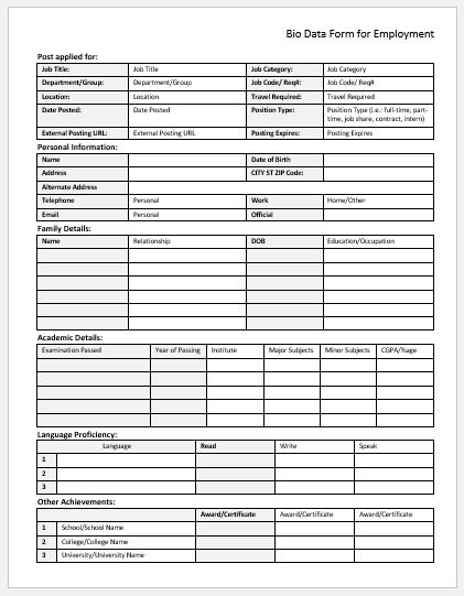 Bio Data Form for Employment