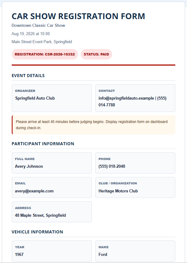 Car Show Registration Form