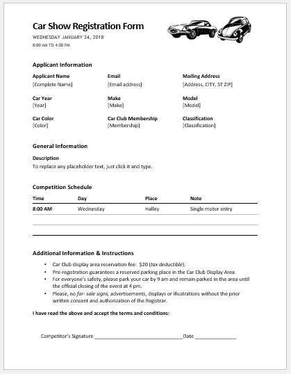 Car show registration form