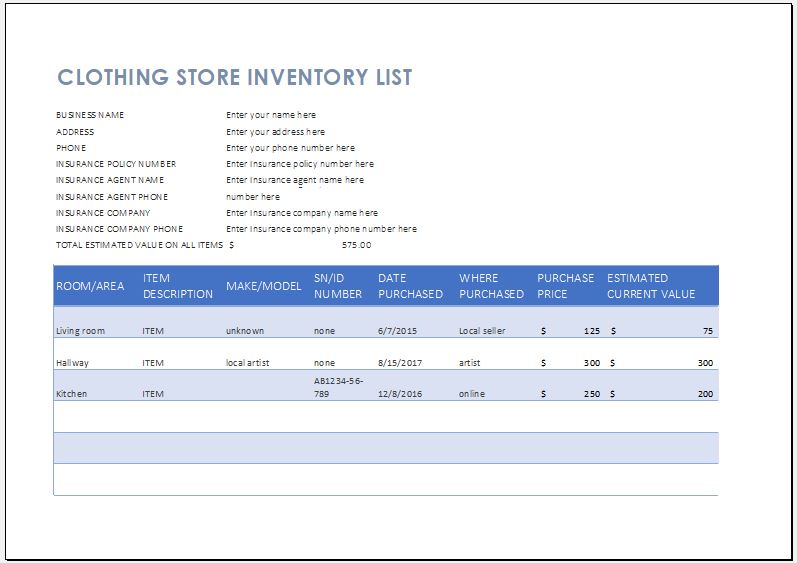 Clothing Inventory Template