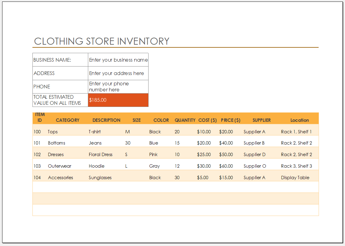 Clothing store inventory template