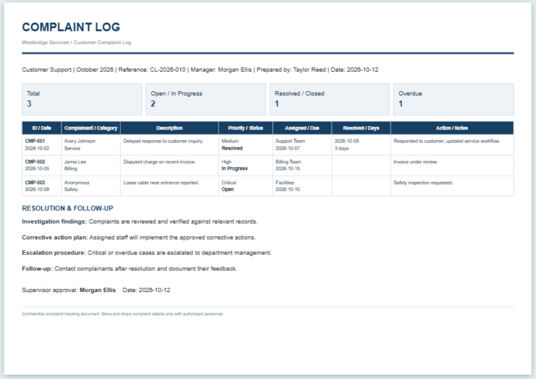 Complaint Log Template