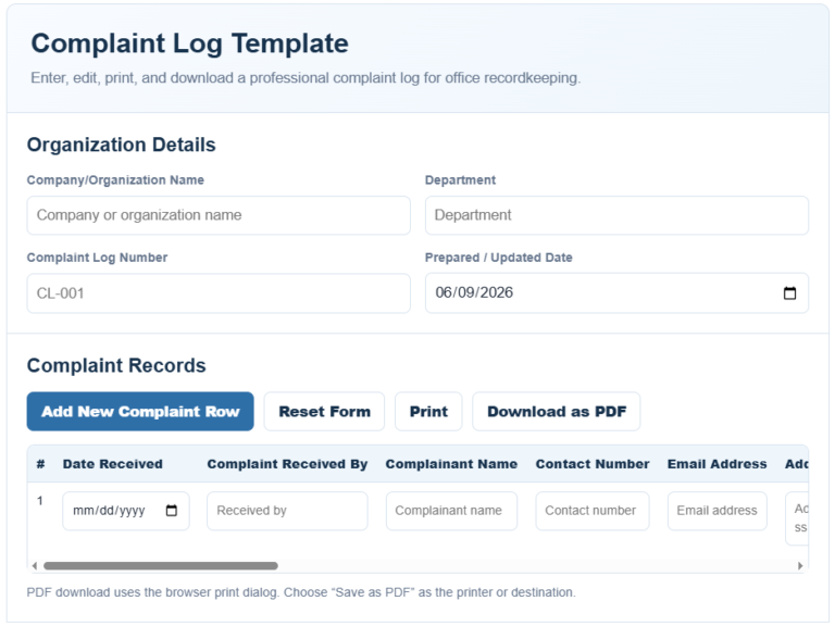 Complaint Log Template