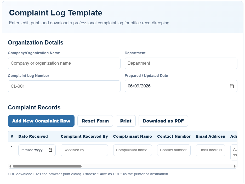 Complaint Log Template