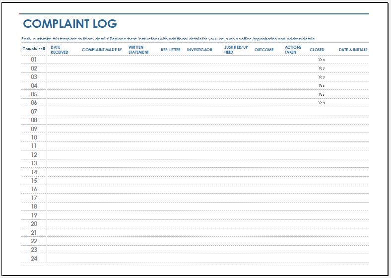 Complaint Log Template for MS Excel | Word & Excel Templates