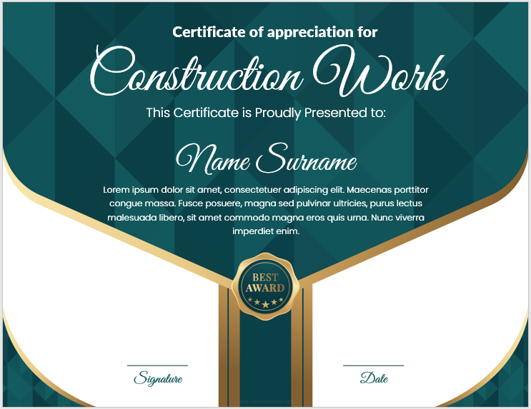 Construction work completion certificate