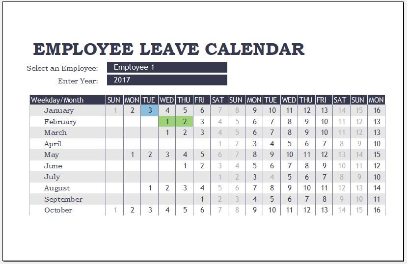 Employee leave calendar template