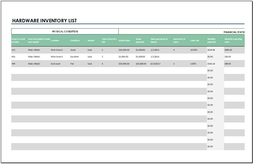 Equipment Inventory Template Excel