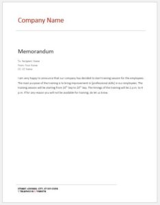 Internal memo about employee training session announcement