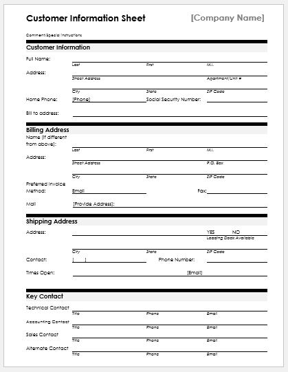 New Customer Information Sheets For MS Word Word Excel Templates