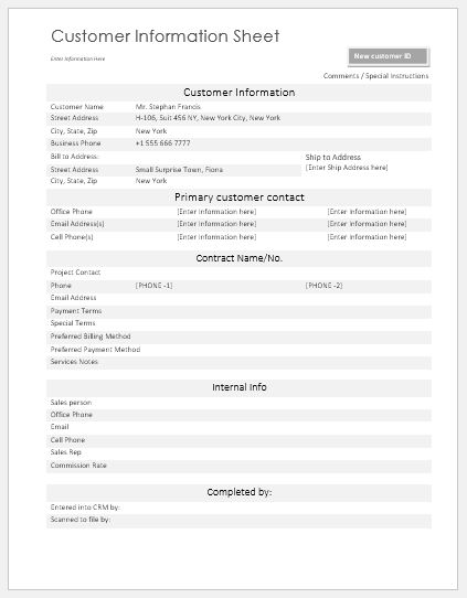 New customer information sheet