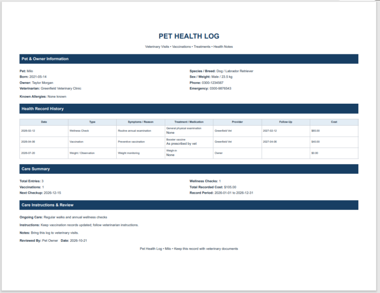 Pet Health Log