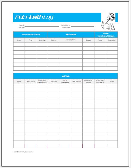 Pet Health Log Template For Excel Word Excel Templates