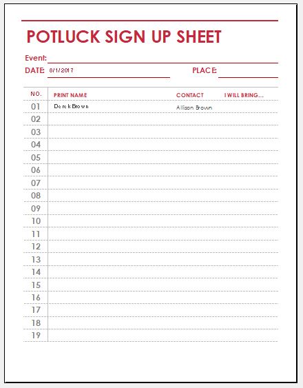 Potluck Sign Up Sheet Templates for Excel | Word & Excel ...