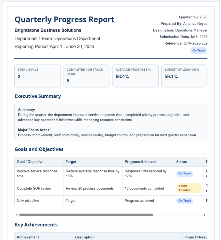 Quarterly Progress Report Template