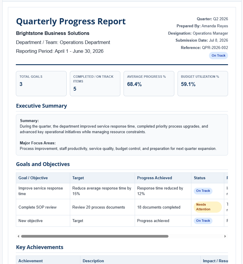 Quarterly Progress Report Template