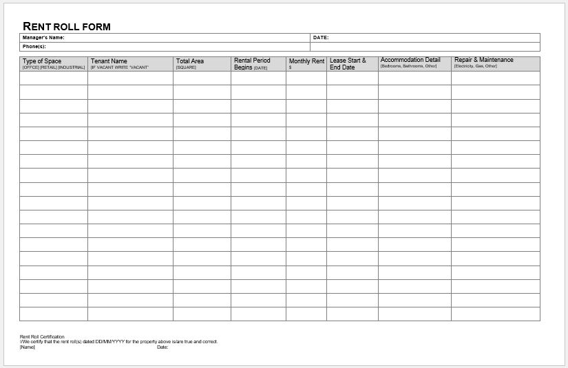 Rent Roll Form Templates For Ms Word Word Excel Templates