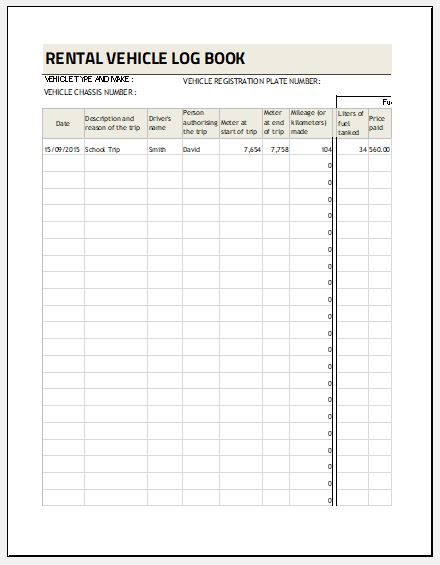 Rental Vehicle Log Book For Excel Word Excel Templates