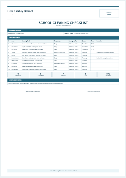 School Cleaning Checklist Generator