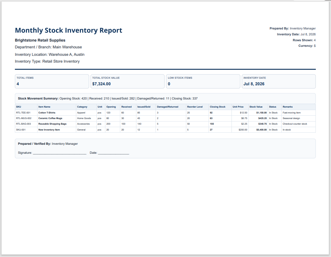 Stock Inventory Template