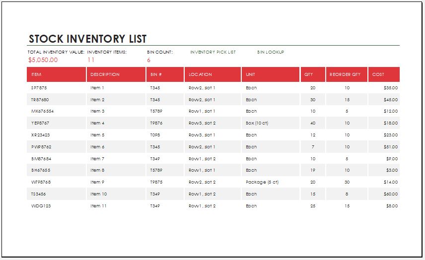 Stock Inventory Template