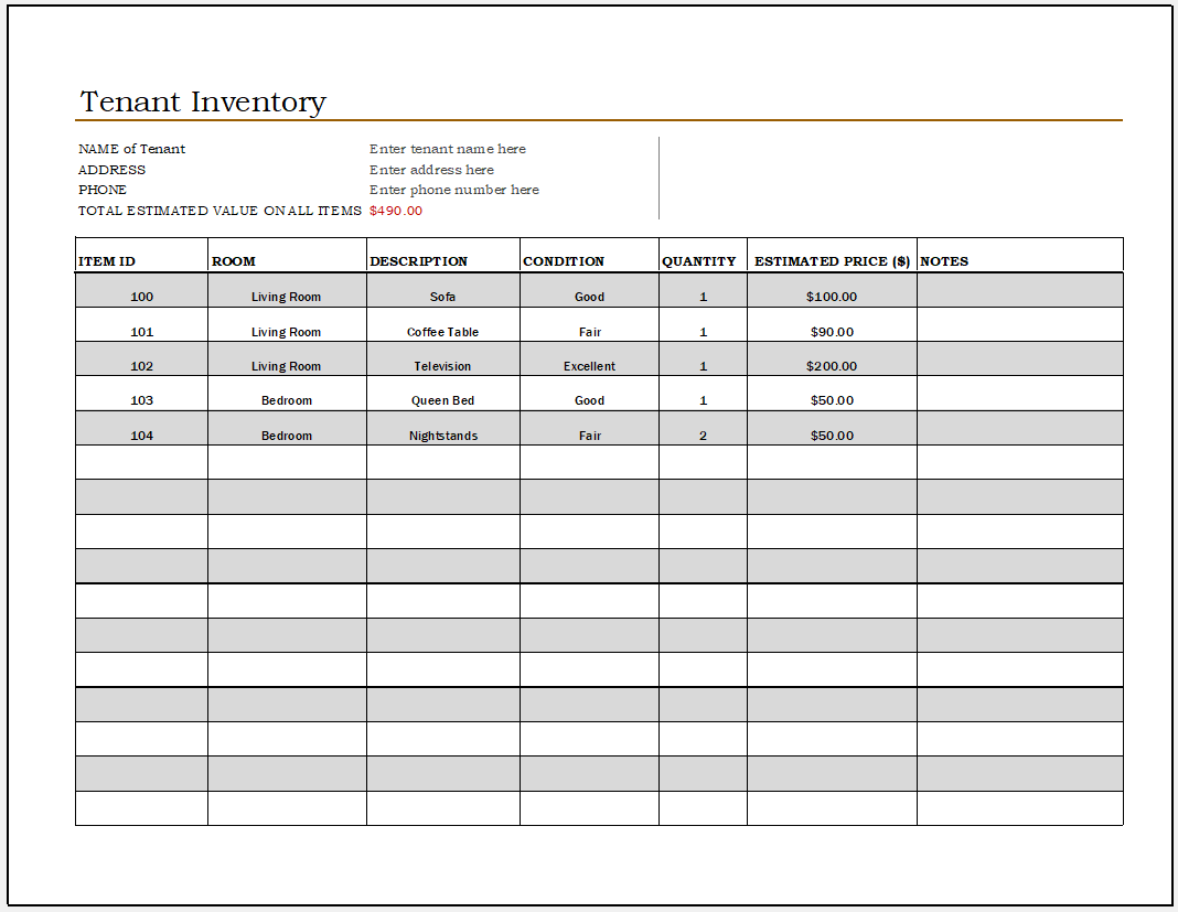 Tenant inventory template