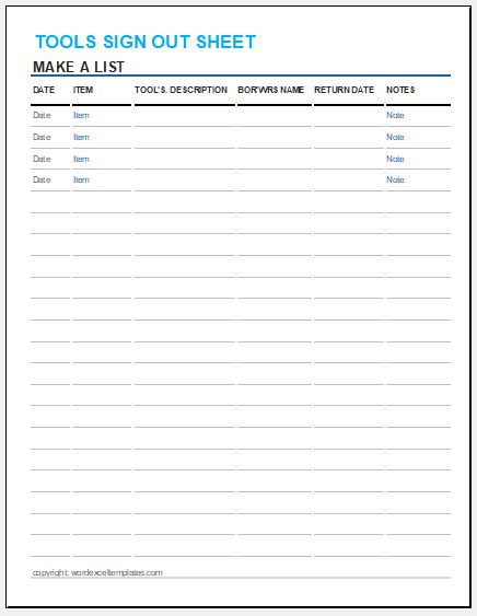 Tools Sign Out Sheet