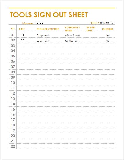 Tools sign out sheet