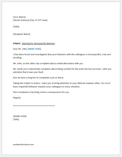 Warning Letter for Unacceptable Behavior at Work  Word  Excel Templates