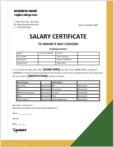 Employee salary certificate template